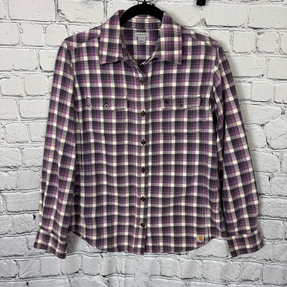Carhartt Tops - Women’s Carhartt Flannel Purple Grey Button Down Size Medium Workwear Outdoorsy